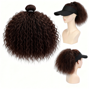 Perruque queue de cheval haute pour femme avec chapeau, ondulations naturelles, boucles crépues, longue, avec bonnet en dentelle pour le printemps et l'été - Product Image 2