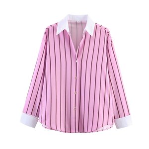 ZEVITY 2026 Neue Damen Einreihige Bluse mit Reverskragen, Farblich Abgestimmten Streifen und Langen Ärmeln für Büro und Business-Casual - Product Image 2