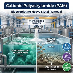 Polyacrylamide Cationique PAM pour l'élimination des métaux lourds dans les eaux usées de galvanoplastie (Ni, Cr, Cu, Zn) – Conforme aux normes de décharge des métaux chélatés - Product Image 1