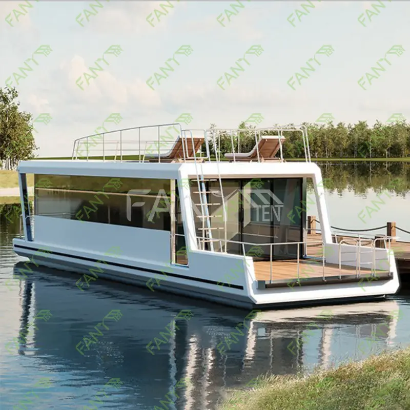 Nouveau design ponton en aluminium bateau-maison solaire électrique bateau ponton remorque à vendre capsule spatiale maison or volants