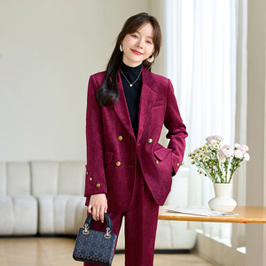 Women's Suit Set Burgundy Double Breasted Wool Blend Office Lady Autumn Anti-Wrinkle Full Sleeve Professional Attire - Product Image 1