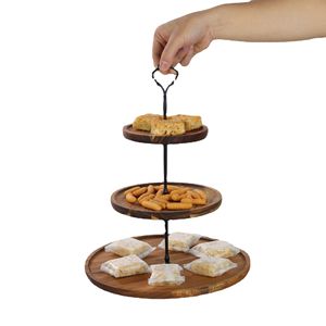 Toptan beyaz boyalı bitirmek ve ahşap saplı 2-katmanlı rustik akasya ahşap kek standı - Product Image 6