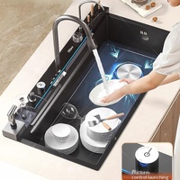 Évier de cuisine intelligent noir avec lumière d'affichage numérique et robinet cascade pour cuisine d'hôtel restaurant