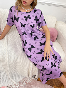 Pabrik langsung wanita kasual satu potong piyama kupu-kupu cetak T-Shirt gaya baju gaun longgar pendek rajut musim gugur musim semi - Product Image 5