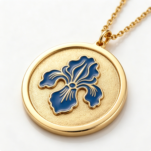 Medalla Circular de Latón Chapada en Oro con Diseño de Flor de Lis Azul en Esmalte Duro, Recuerdo con Temática Floral - Product Image 4