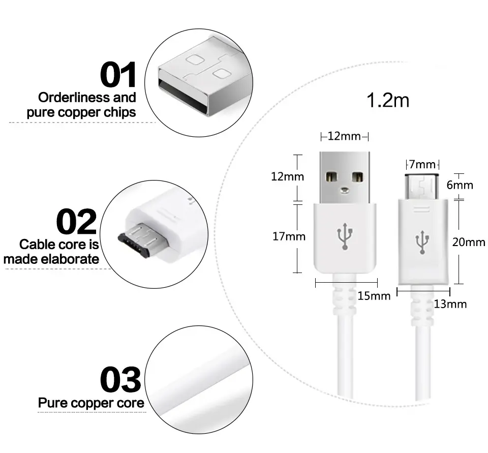 White Color Fast Charging Original for Samsung USB Charger Micro USB Charging Cord Cable, 1.2M