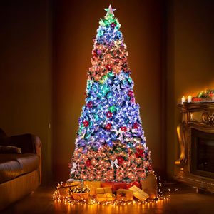 <span class=keywords><strong>Sapin</strong></span> de Noël en PVC pré-éclairé de 1,80 m, lumières LED multicolores changeantes, fleurs artificielles, nœuds, étoile lumineuse sur le sommet, pour les fêtes - Product Image 1