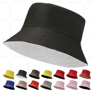 Wholesale 3D Embroidery Double-sided Wide Brim Gorros Fisherman Hat Solid Color Custom Logo Reversible Polyester Bucket Hats
