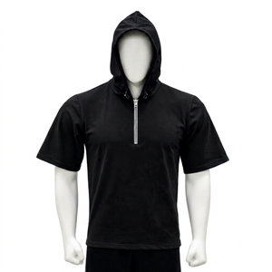 Wholesale Custom Men's Short Sleeve Hoodie Combed Cotton Half <b>Zip</b> Printed Streetwear Hooded T <b>Shirt</b> OEM - Product Image 1