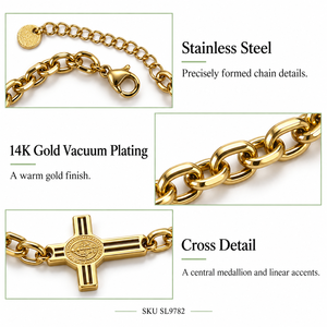 Pulsera de dijes para mujer con cruz y medallón, cadena de eslabones ovalados de acero inoxidable, chapado al vacío en oro de 14K, cierre de langosta ajustable - Product Image 2