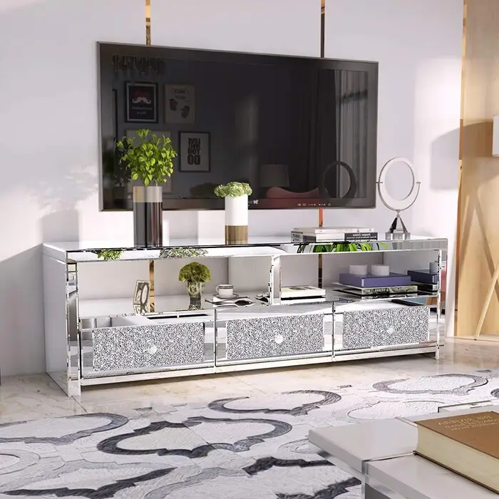 लिविंग रूम होटल फर्नीचर के लिए आधुनिक 3 दराज मिरर क्रिस्टल टीवी स्टैंड सिल्वर टीवी कंसोल टेबल टीवी कैबिनेट