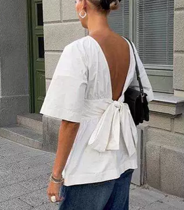 <span class=keywords><strong>Camicetta</strong></span> da donna a maniche corte senza schienale Top <span class=keywords><strong>camicetta</strong></span> Casual ampia e traspirante <span class=keywords><strong>con</strong></span> fiocco grande - Product Image 2