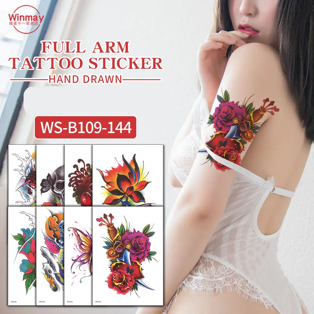 Autocollant de tatouage temporaire personnalisé, motif floral, bras complet, grande couleur, tatouage