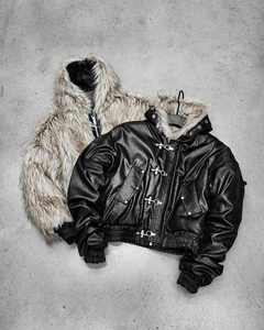 Veste unisexe en cuir de haute qualité, nouvelle mode, personnalisable par OEM, coupe-vent, hiver, avec fourrure douce grise, réversible, fermeture éclair, streetwear - Product Image 1