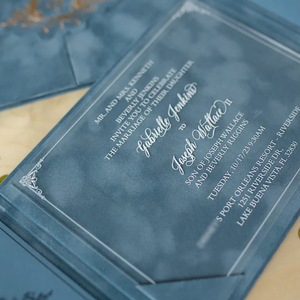 Customized luxury matte blue velvet wedding <b>invitation</b> with gold foil acrylic cardstock - Product Image 2