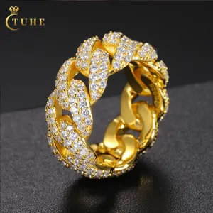 Grosir perhiasan Hip Hop Bling 9mm berlapis emas 925 perak murni VVS berlian Moissanite cincin Band Kuba untuk pria