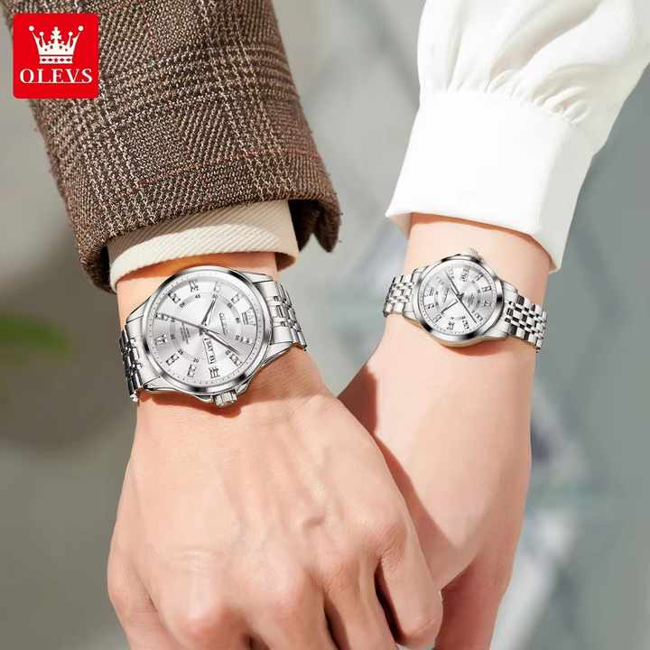 OLEVS 3620 Auto Date Quartz Couple Watch Luxury Diamond Stainless Steel Wristwatch Waterproof Luminous Dress Men Women Watches