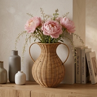 Vase en rotin brun naturel avec poignée, très adapté à la décoration de la maison, décoration de table basse, vente chaude