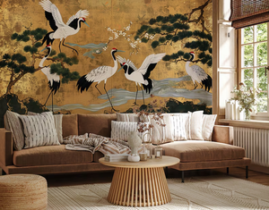 Pannello Murale di Alta Gamma con Foglia d'Oro e Design di Gru a Corona Rossa, Decorazione Interna Raffinata con Pino e Uccelli per Casa e Hotel - Product Image 3