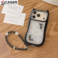 Coque de téléphone de luxe avec oreilles de chat en strass et cordon perlé, étui antichoc scintillant pour iPhone 17 16 15 14 Pro Max