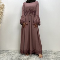 16001 #   Nouvelle robe en dentelle noire à la mode, manches longues, broderie noire, robe classique Abaya, robes musulmanes islamiques Abayas