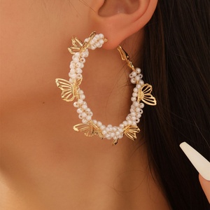 French Style Women's Trendy Geometric Fashion Gold Plated High-End <b>Butterfly</b> Rice Beads Hoop Earrings <b>Light</b> Luxury Big Gift - Product Image 3