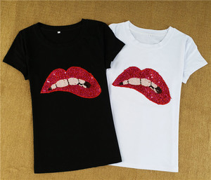 <strong>Women's</strong> White Cotton <strong>T</strong> <strong>Shirt</strong> Sequin Red Lips Short Sleeve Crew Neck Trendy Streetwear Top <strong>Funky</strong> Party Club Fashion Tshirt - Product Image 5