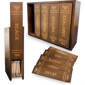 Caja de Almacenamiento para Bolsitas de Té en Forma de Libro de Madera, 10 Etiquetas Deslizantes, Color Marrón Oscuro, Tipo Rectangular Vertical, Organizador para Encimera de Cocina - Product Image 1