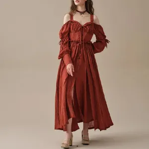 Customization Women Summer Vintage Elegant Solid Puff Sleeve Ruffled Long Dress