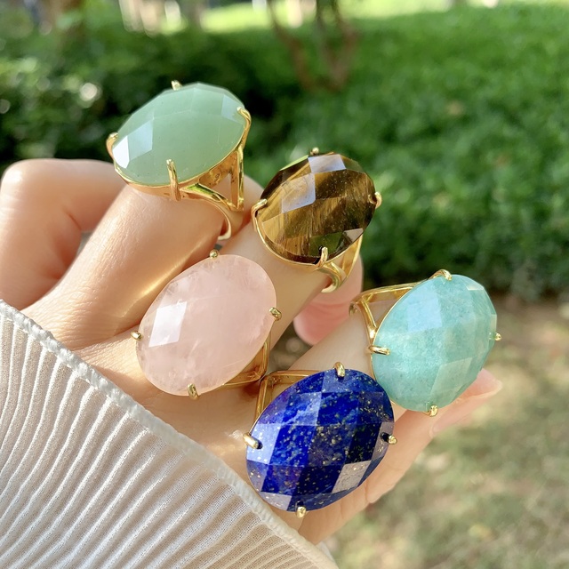 BD-C6463 Statement Semi-precious Gemstone Rings Healing Jewelry Adjustable Ring Lapis   Amazonite tiger Eye Ring As Party Gifts