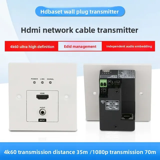 Hardrock CE HDBT 70m Metal Audio Wall Plug Panel Transmitter 4K60 Support EDID Management POC Functionality 12V/24V Voltage