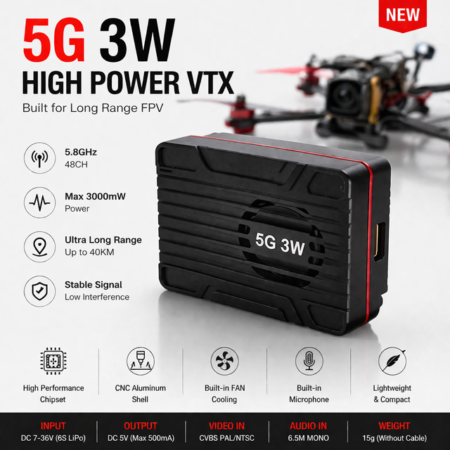 5.8G 3W VTX Video Transmitter Receiver | High Power | Plastic | CNC Housing Fan Design | Model V587 | Image Transmission | for
