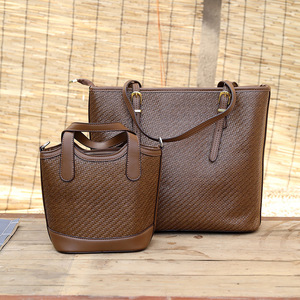 Brown Woven Leather Tote <b>Bag</b> Horizontal Square Zipper Closure Everyday Use Spring 2025 - Product Image 4