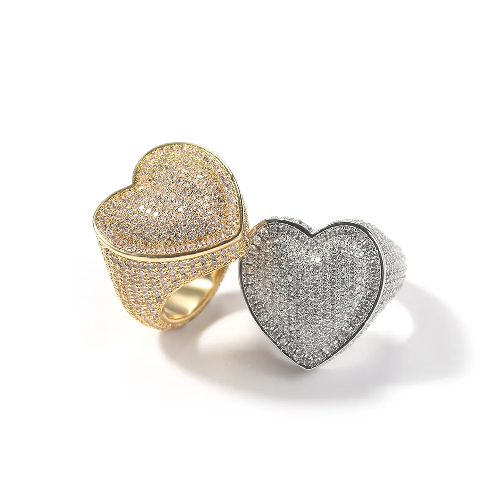 Hip Hop Iced Out Bubbly Heart Signet Ring 18K Gold Plating AAA Zirconia Large Ring for Men Bling Rapper Jewelries