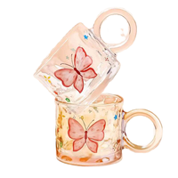 Ensemble de 2 tasses à café en verre à motif papillon de 300 ml avec anse surdimensionnée, tasse à thé pour la maison, le bureau, le café, cadeau