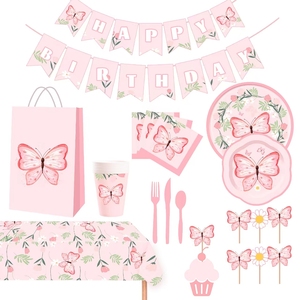 Vajilla para Fiestas DAMAI, Juego de Platos, Vasos y Servilletas de Papel con Diseño de Mariposa Rosa y Flores Giratorias - Product Image 2