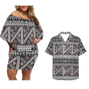 Custom Polynesische Tonga Fiji Eiland Tribal Print Ontwerper Zoete Liefhebbers Bijpassende Outfits Koppels Stretch Stof Voor Jurk Wit