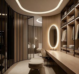 Curved Modern Walk-In Closet - Light Wood Finish & Glass Panels, LED Lighting, Integrated Vanity for Luxury Dressing Spaces - Product Image 2