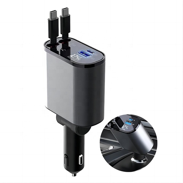 Built in Cable 4In1 Retractable Phone Fast Charging Type Usb C Dual Port Smart Car Charger With Led Digital Display 100W 4 in 1