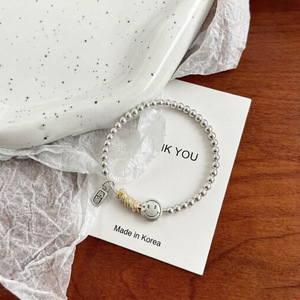 Bracelet en perles argentées avec visage souriant pour femmes, bijoux en corde élastique en argent pur, cadeau - Product Image 5
