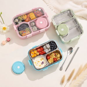 Cute Rectangle Stainless Steel Lunch Box 3 Compartments Portable Bpa Free Leak Proof Food <b>Container</b> with Clear <b>Lid</b> and Soup Jar - Product Image 4