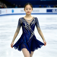 Robe de patinage artistique bleu marine, manches longues en maille, découpe circulaire au dos, ornée de strass, pour femmes et filles, compétition, spectacle sur glace