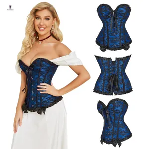 Corsetti Sexy blue Laciness Women Outfit Lingerie Overbust plastica disossata chiusura frontale chiusura g-string corsetto