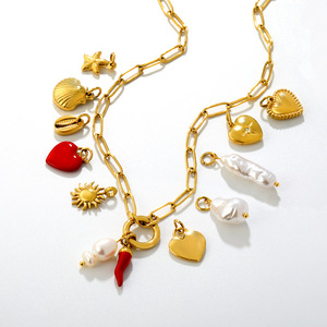 Collar de Perlas con Forma de Corazón, Chile, Estrella de Mar y Concha, Estilo Europeo, en Acero Inoxidable, Accesorio para Mujer - Product Image 1