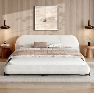 Cadre de lit moderne réglable Queen Size rembourré en tissu bouclé avec pieds en acier, blanc, luxueux et idéal pour appartement - Product Image 6