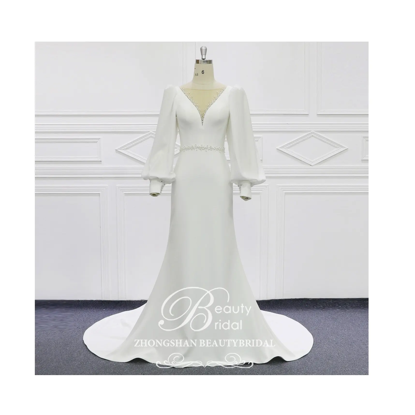 Uzun şifon kollu ipek saten düğün elbisesi klasik tarzı V boyun backless gelinlikler boncuk ile