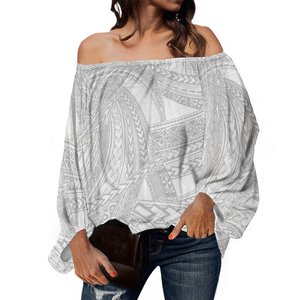 Mais recente Design Tamanho Grande Senhoras Fora Do Ombro Chiffon Blusas Camisa Tatuagem Polinésia Impresso Mulheres Tops Lanterna Manga Blusa - Product Image 2