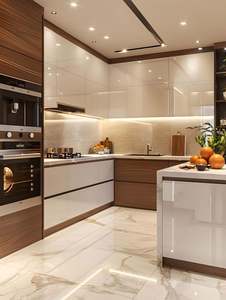 Meubles de cuisine complets de luxe en contreplaqué laqué brillant en forme de L, design de rendu gratuit haut de gamme - Product Image 5