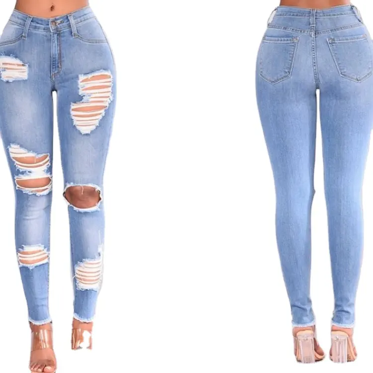 Wholesale Fashion Lady 3XL Ripped Denim Jeans Pants Jeans Colombianos Por Mayor Trendy Plain Blue Skinny Classic Women's Jeans