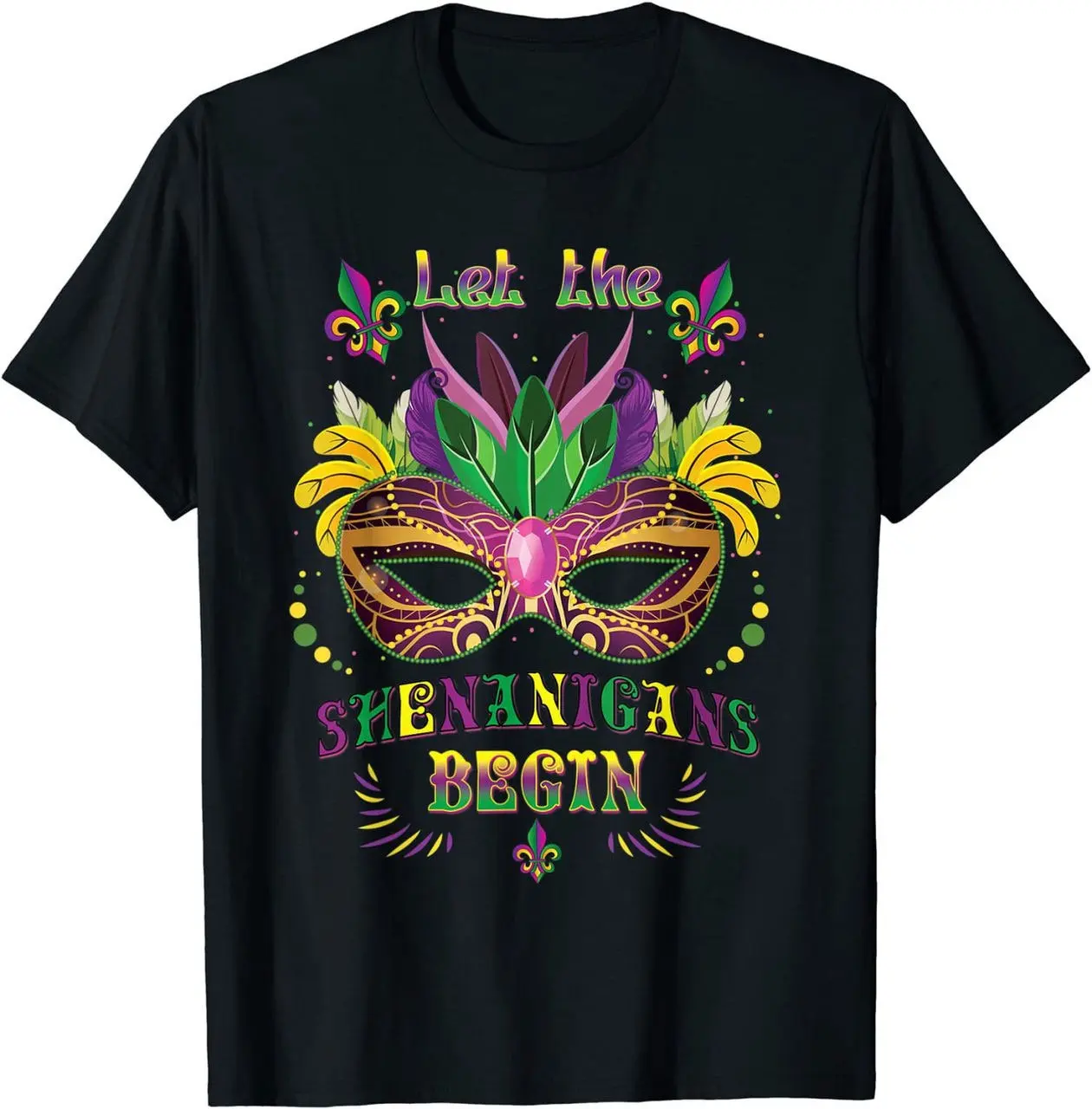 Camiseta de poliéster de manga corta con estampado de máscara de plumas de Mardi Gras personalizada para hombres y mujeres